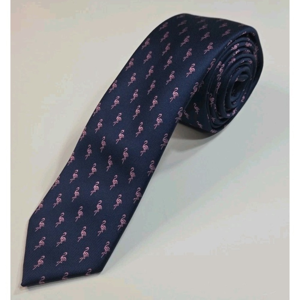 BAR III Necktie Tie NavyW/ Pink Flamingos Woven Silk blend SLIM